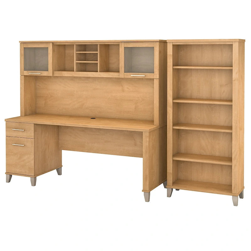 Bureau de 72" de large avec huche et bibliothèque à 5 étagères, gris frêne