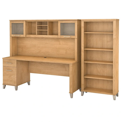 Bureau de 72" de large avec huche et bibliothèque à 5 étagères, gris frêne