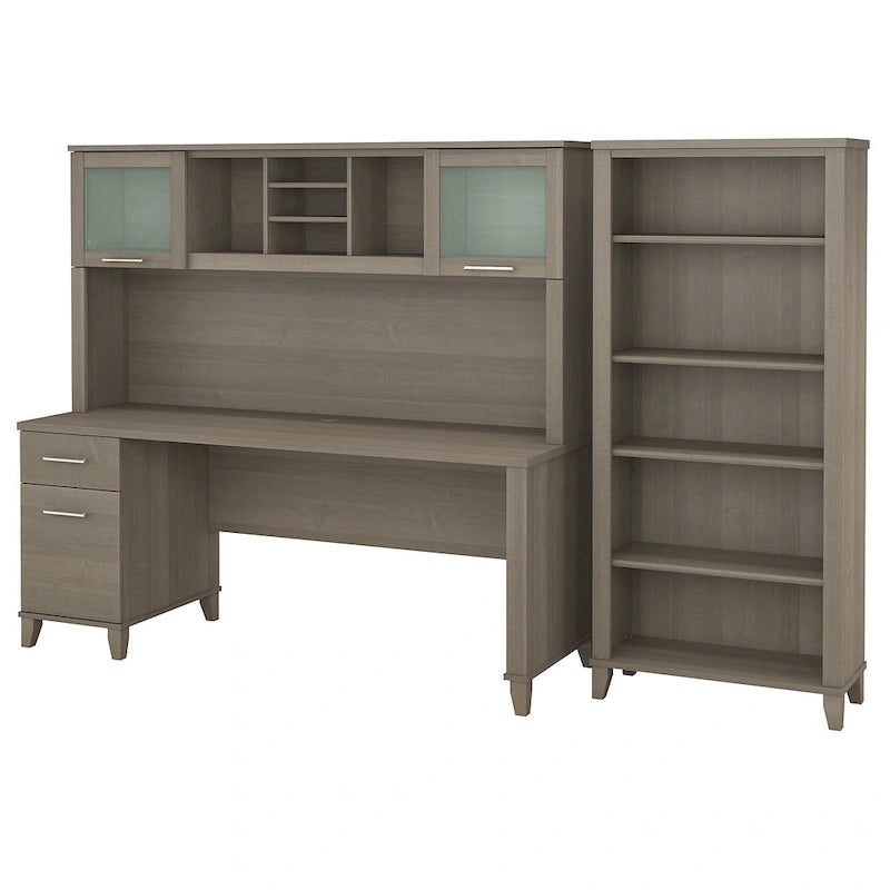 Bureau de 72" de large avec huche et bibliothèque à 5 étagères, gris frêne