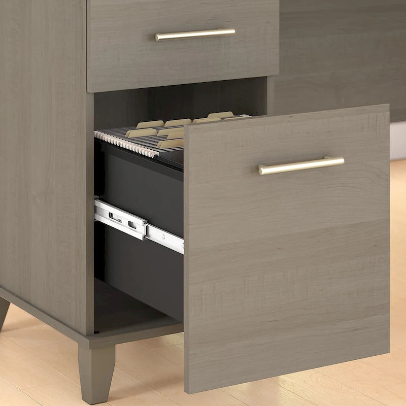 Bureau de 72" de large avec huche et bibliothèque à 5 étagères, gris frêne