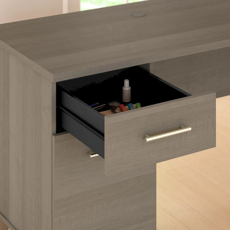 Bureau de 72" de large avec huche et bibliothèque à 5 étagères, gris frêne