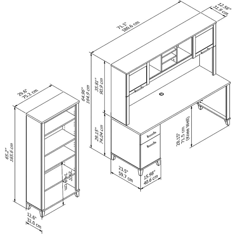 Bureau de 72" de large avec huche et bibliothèque à 5 étagères, gris frêne