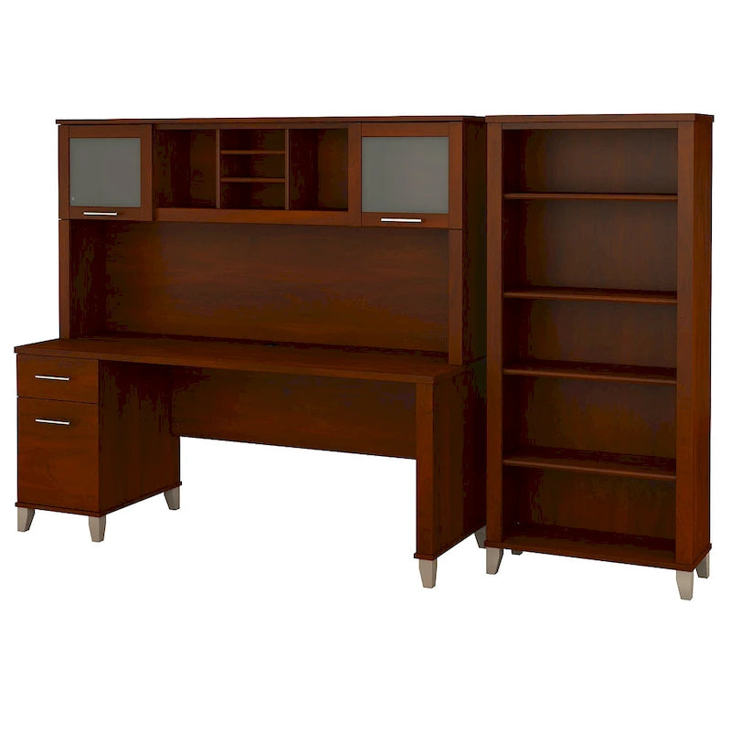Bureau de 72" de large avec huche et bibliothèque à 5 étagères, gris frêne