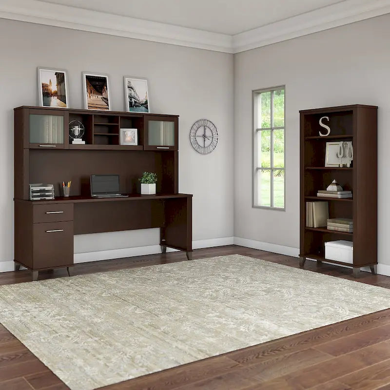 Bureau de 72" de large avec huche et bibliothèque à 5 étagères, gris frêne