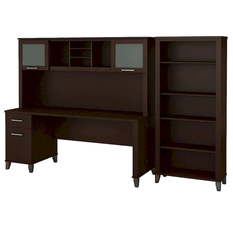 Bureau de 72" de large avec huche et bibliothèque à 5 étagères, gris frêne