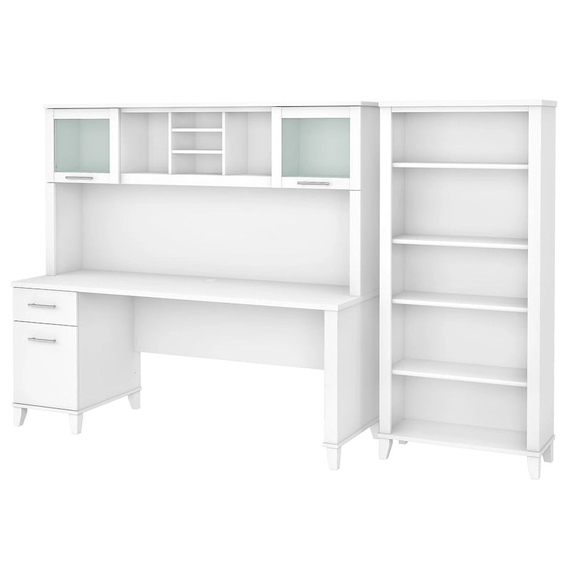 Bureau de 72" de large avec huche et bibliothèque à 5 étagères, gris frêne
