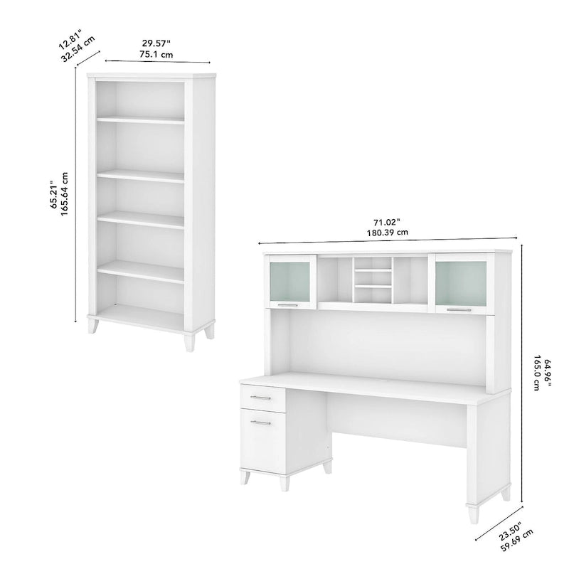 Bureau de 72" de large avec huche et bibliothèque à 5 étagères, gris frêne