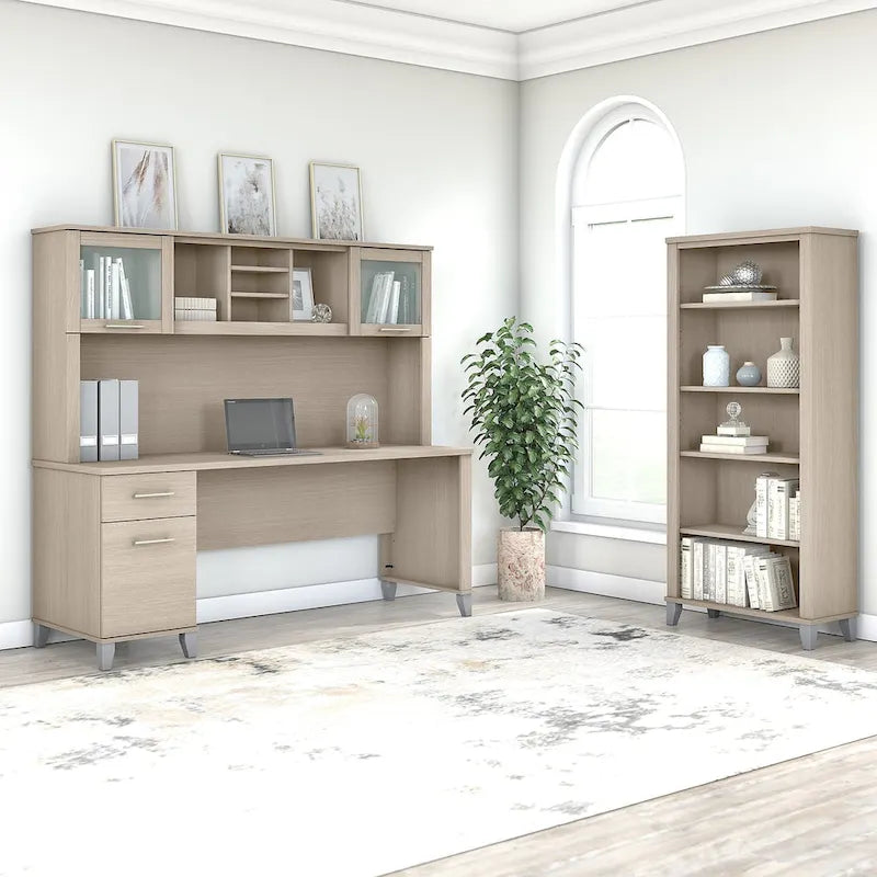 Bureau de 72" de large avec huche et bibliothèque à 5 étagères, gris frêne