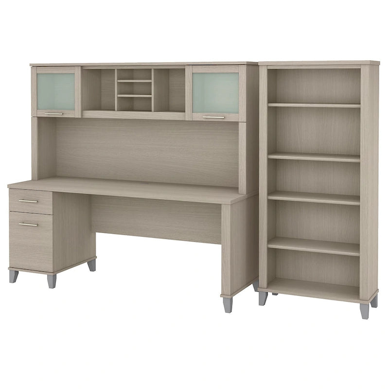 Bureau de 72" de large avec huche et bibliothèque à 5 étagères, gris frêne