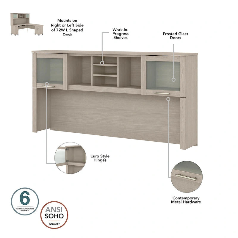 Bureau de 72" de large avec huche et bibliothèque à 5 étagères, gris frêne