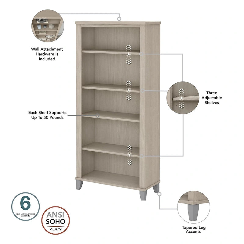 Bureau de 72" de large avec huche et bibliothèque à 5 étagères, gris frêne
