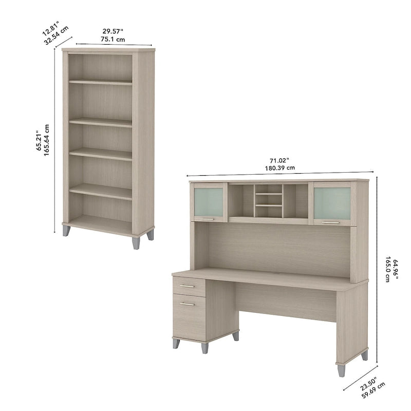 Bureau de 72" de large avec huche et bibliothèque à 5 étagères, gris frêne