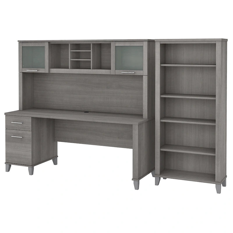 Bureau de 72" de large avec huche et bibliothèque à 5 étagères, gris frêne