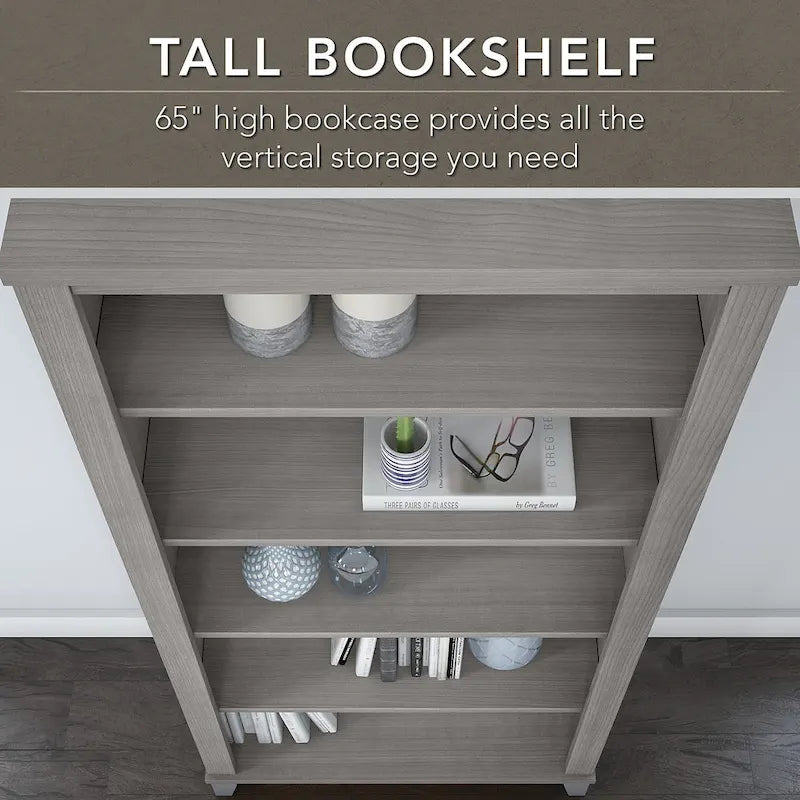 Bureau de 72" de large avec huche et bibliothèque à 5 étagères, gris frêne
