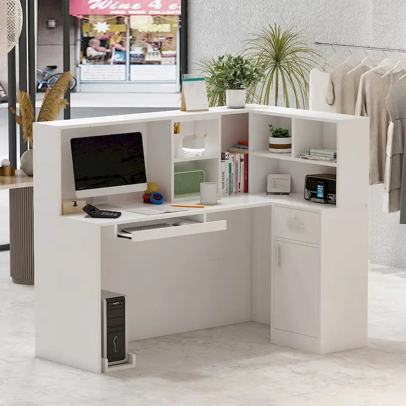 Modern Reception Desk L-Shaped White Front Counter Table by Timechee