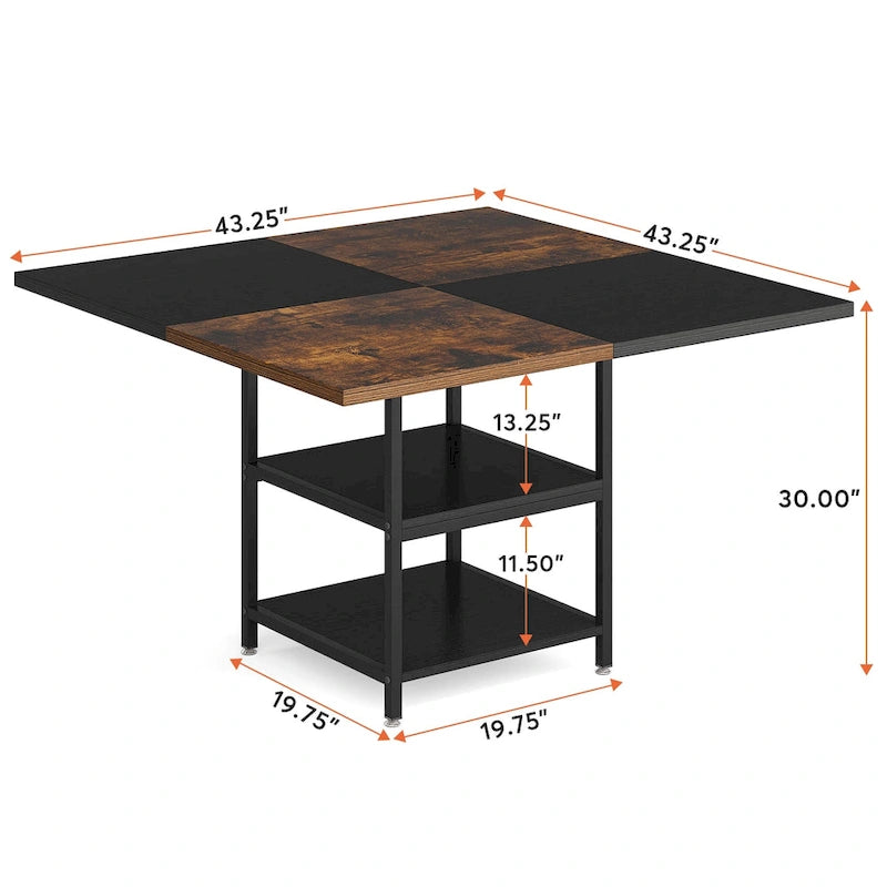 Table de cuisine Table à manger pour 4 personnes avec étagère de rangement Pieds en métal Plateau en bois pour salle à manger Salon