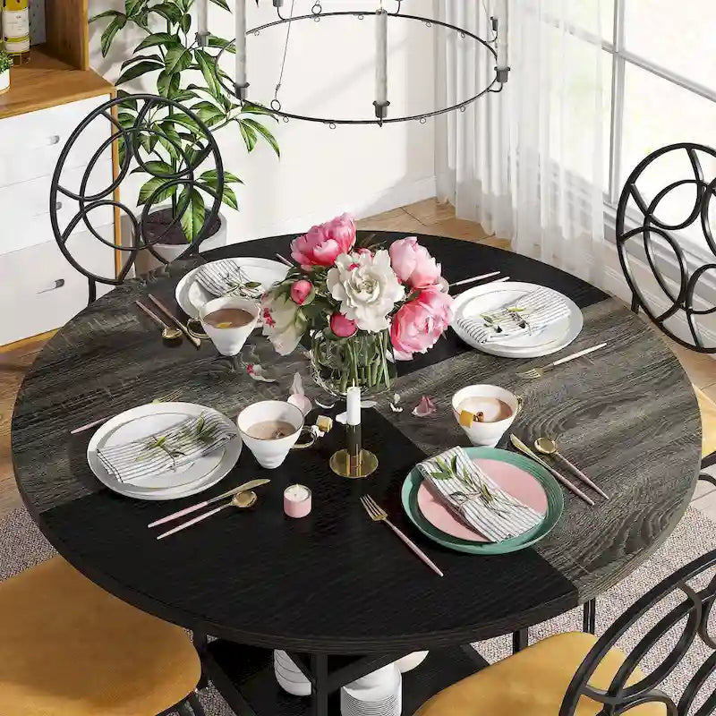 Table de cuisine Table à manger pour 4 personnes avec étagère de rangement Pieds en métal Plateau en bois pour salle à manger Salon