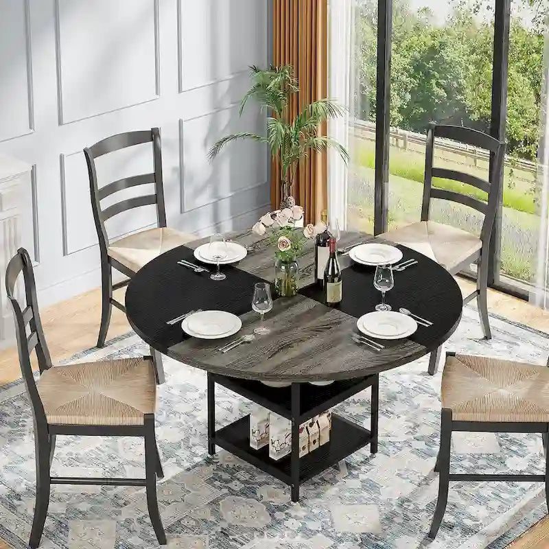 Table de cuisine Table à manger pour 4 personnes avec étagère de rangement Pieds en métal Plateau en bois pour salle à manger Salon
