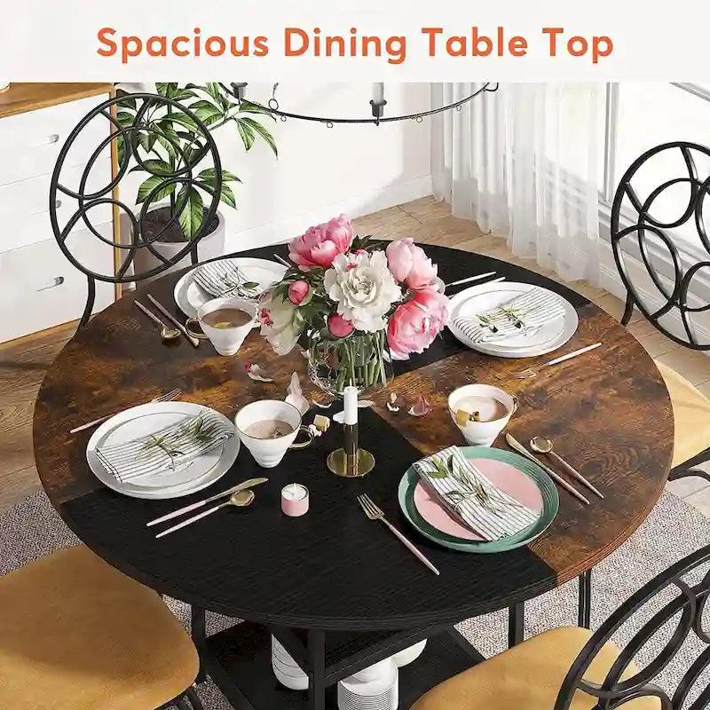 Table de cuisine Table à manger pour 4 personnes avec étagère de rangement Pieds en métal Plateau en bois pour salle à manger Salon