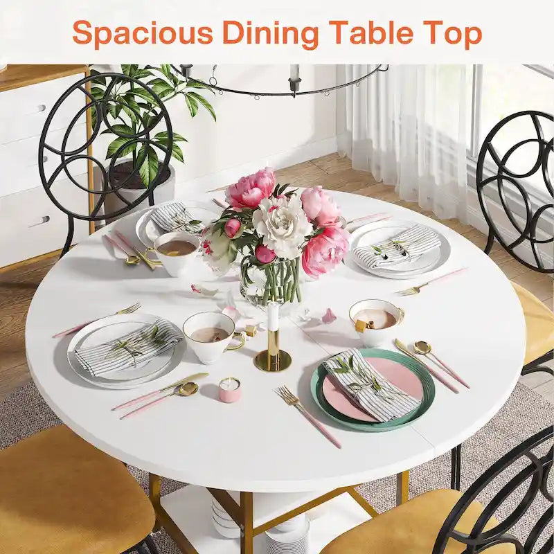 Table de cuisine Table à manger pour 4 personnes avec étagère de rangement Pieds en métal Plateau en bois pour salle à manger Salon