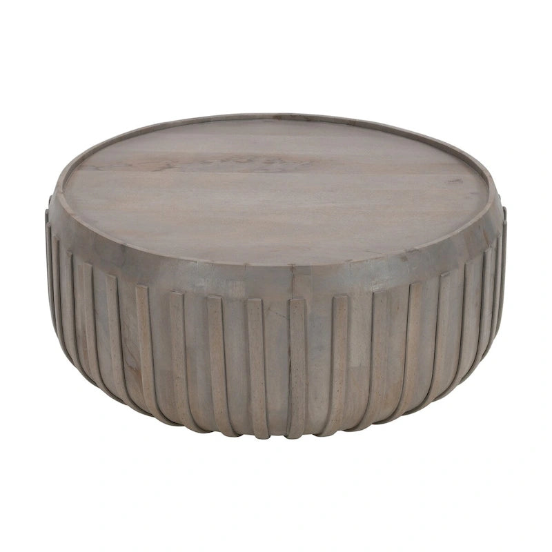Table basse de 36 pouces, forme de tambour fabriquée à la main avec bords nervurés, bois de manguier gris