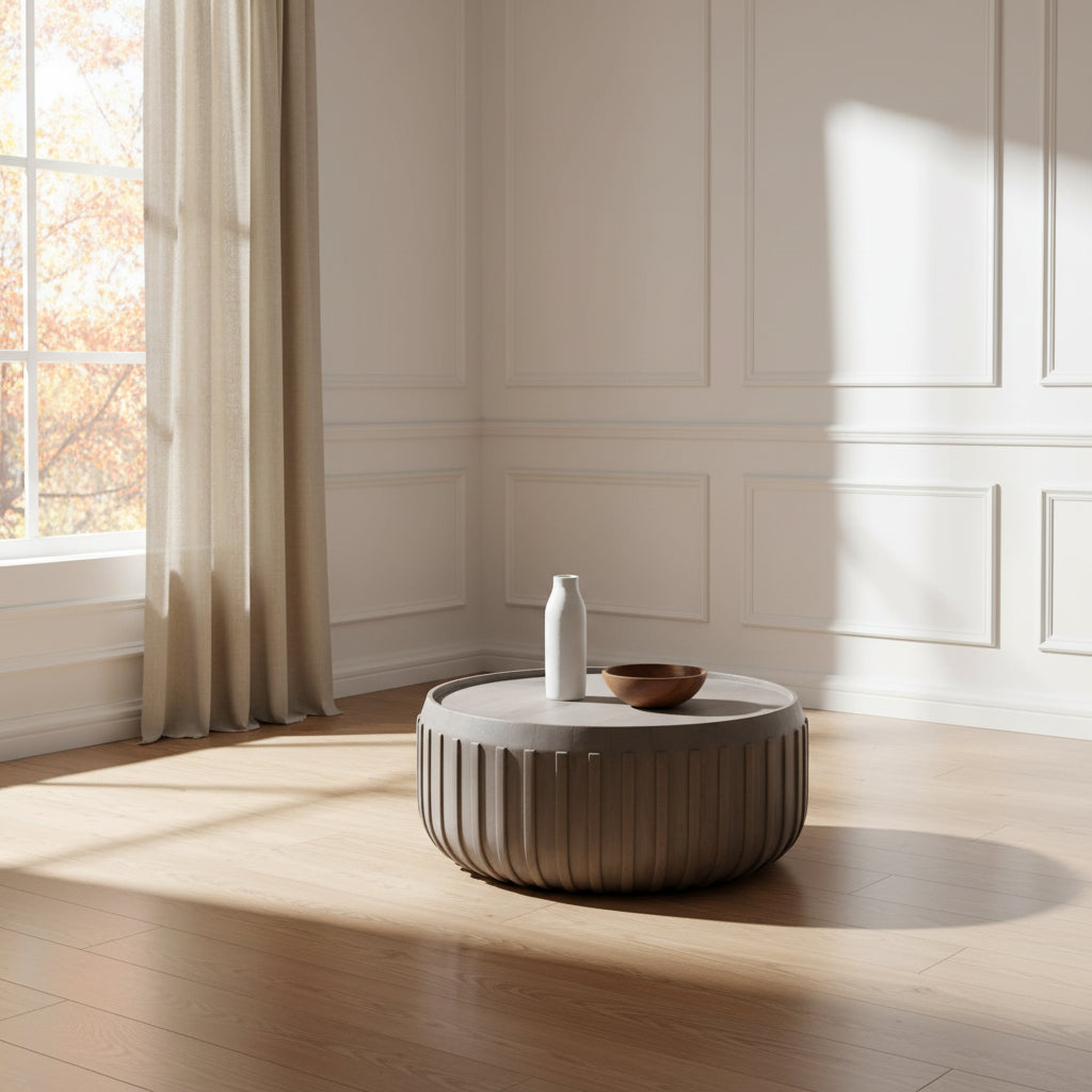 Alisha 36 Inch Coffee Table, Handcrafted Drum Shape with Ribbed Edges, Gray Mango Wood