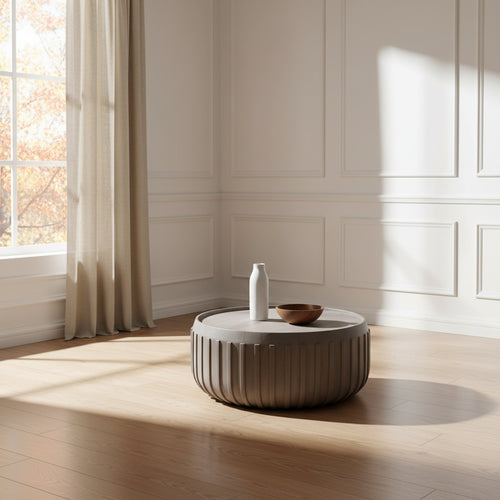 Alisha 36 Inch Coffee Table, Handcrafted Drum Shape with Ribbed Edges, Gray Mango Wood