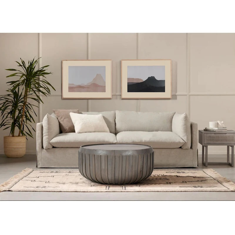 Table basse de 36 pouces, forme de tambour fabriquée à la main avec bords nervurés, bois de manguier gris