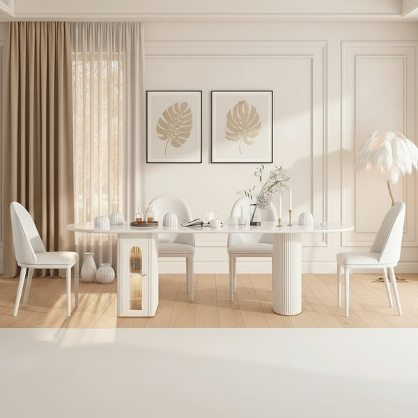 Table à manger ovale extensible en pierre frittée blanche, 8 places, 200 cm, pliable avec rangement