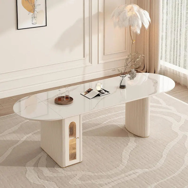 Table à manger ovale extensible en pierre frittée blanche, 8 places, 200 cm, pliable avec rangement