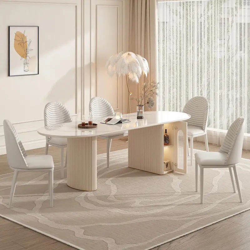 Table à manger ovale extensible en pierre frittée blanche, 8 places, 200 cm, pliable avec rangement