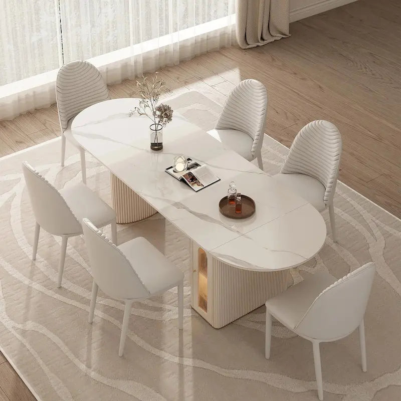 Table à manger ovale extensible en pierre frittée blanche, 8 places, 200 cm, pliable avec rangement