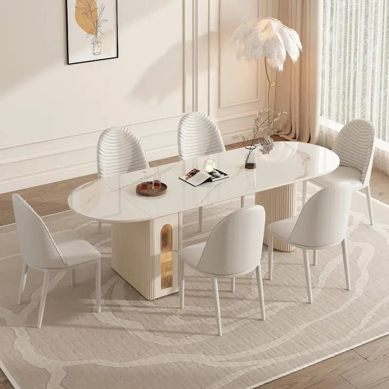 Table à manger ovale extensible en pierre frittée blanche, 8 places, 200 cm, pliable avec rangement