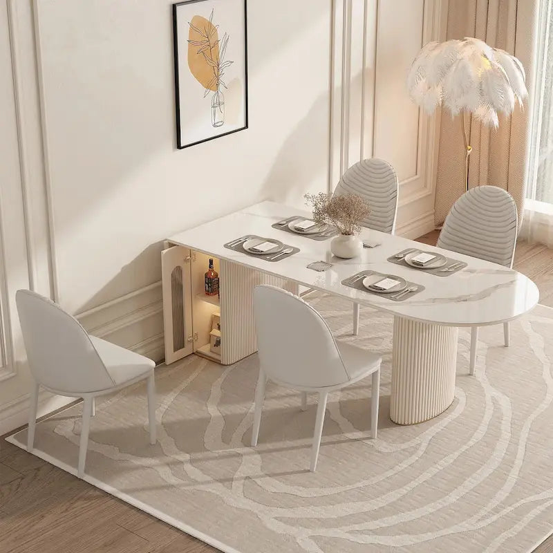 Table à manger ovale extensible en pierre frittée blanche, 8 places, 200 cm, pliable avec rangement