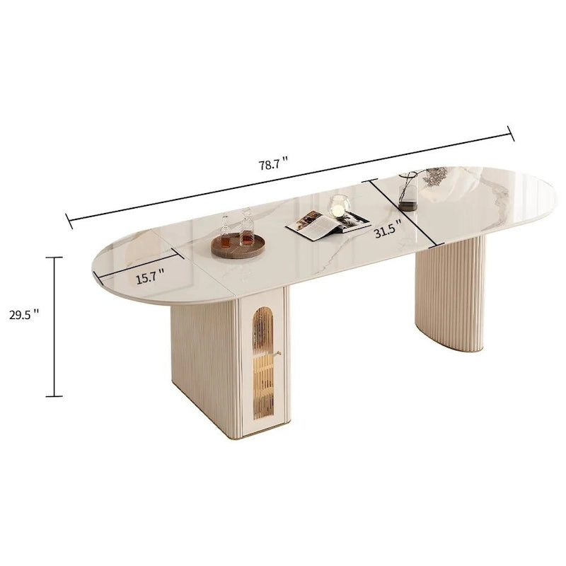 Table à manger ovale extensible en pierre frittée blanche, 8 places, 200 cm, pliable avec rangement